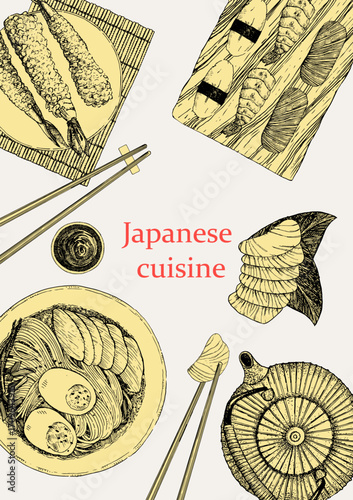 Japanese Restaurant Menu. Hand-drawn illustration of dishes and products. Ink. Vector	