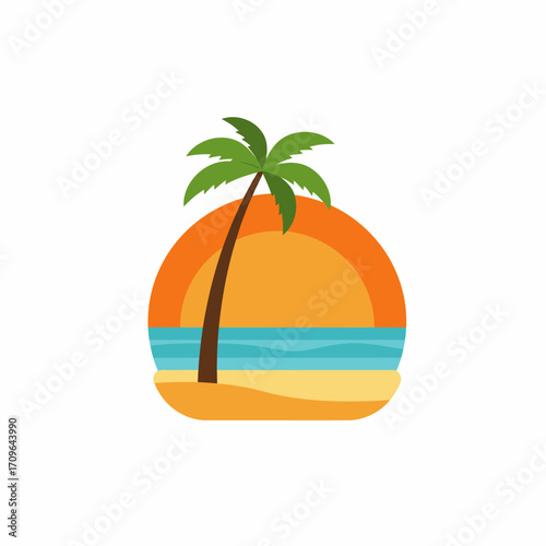 Vibrant tropical beach scene with palm tree setting sun ocean waves and sandy shore