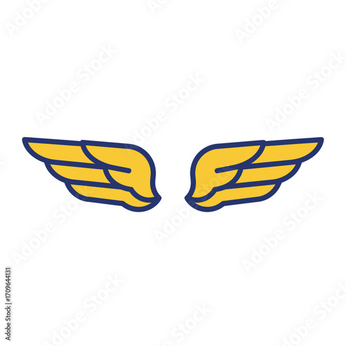 Golden angel wings symbol with blue outline flying heavenly design graphic element