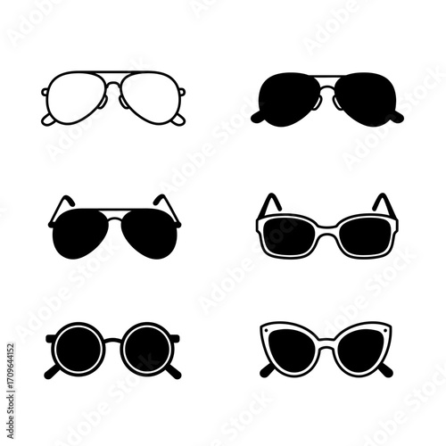 Collection of six hand-drawn styles of sunglasses and eyeglasses for fashion eyewear collection