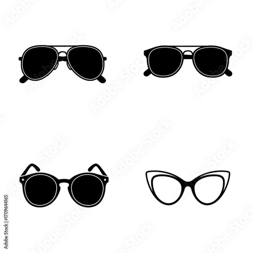 Four pairs of sunglasses and eyeglasses with various styles and shapes