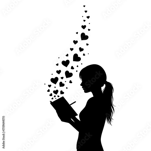 Silhouette of girl writing in book with hearts flowing upwards symbolizing creativity inspiration and love