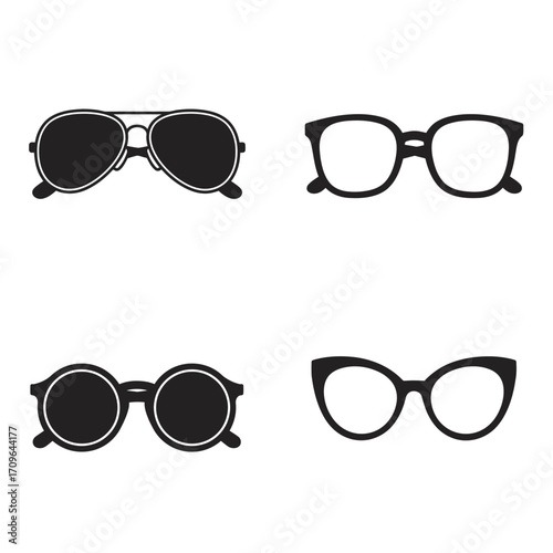 Collection of four distinct styles of eyewear glasses and sunglasses icons and graphics