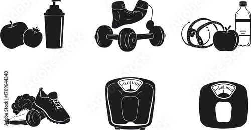 Healthy lifestyle icons set with nutrition, vegetables, water bottle, running shoes, barbell, stopwatch, measuring tape, bathroom scale, fitness wellness illustration