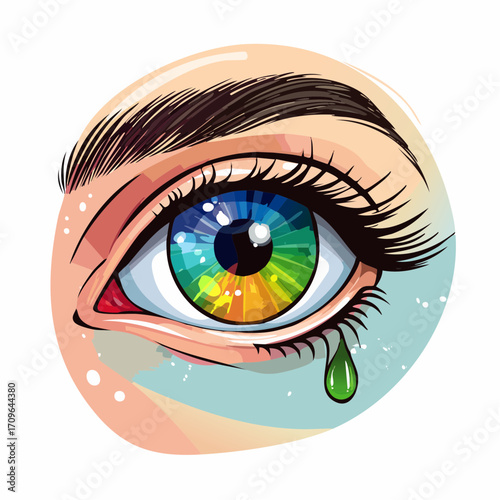 Artistic illustration of a human eye featuring a rainbow-colored iris, vivid makeup