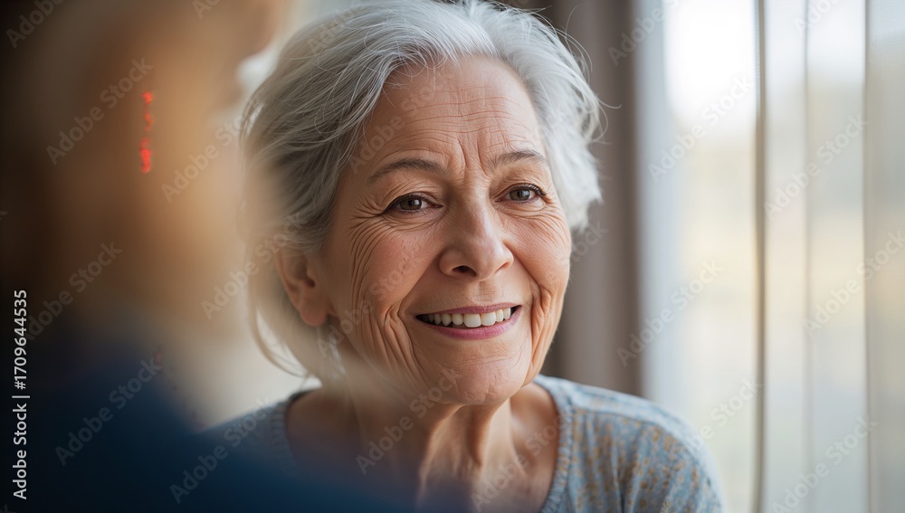 Fototapeta premium Smiling senior woman sitting by window in living area, wearing patterned top by vertical blinds
