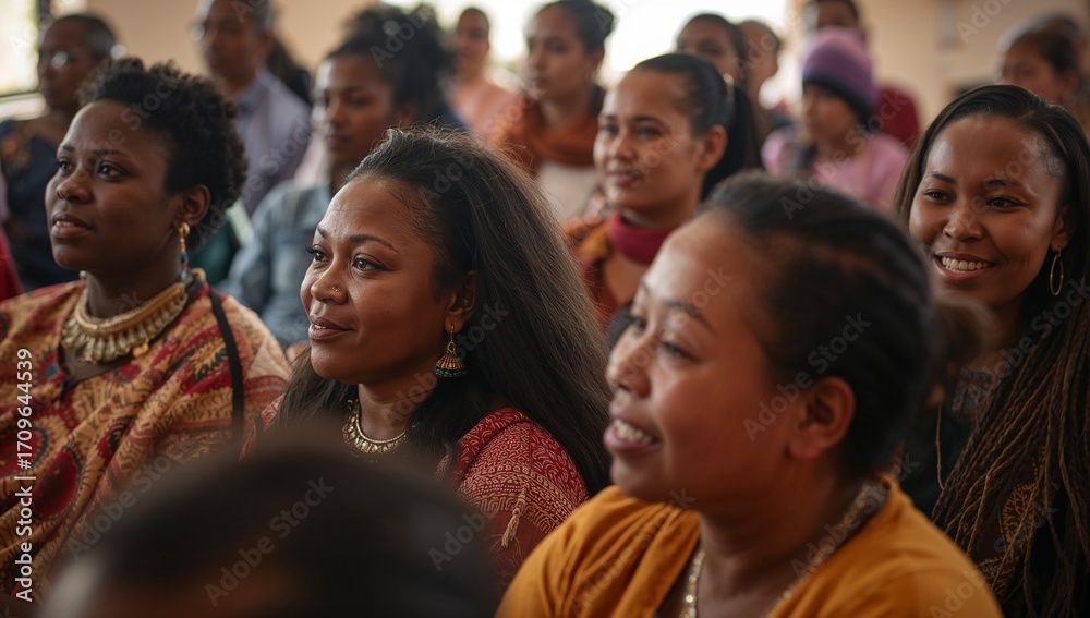 Fototapeta premium Listening group of African American women facing speaker in meeting room, wearing beaded necklaces
