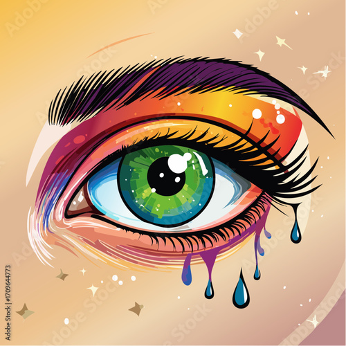Artistic illustration of a human eye featuring a rainbow-colored iris, vivid makeup