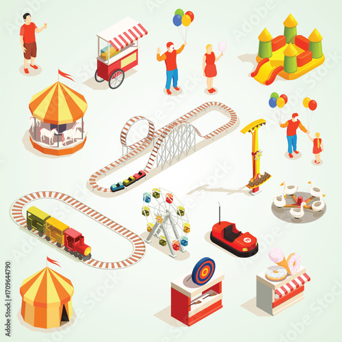 Isometric Detailed Funfair Amusement Park Attractions and People Illustration Design