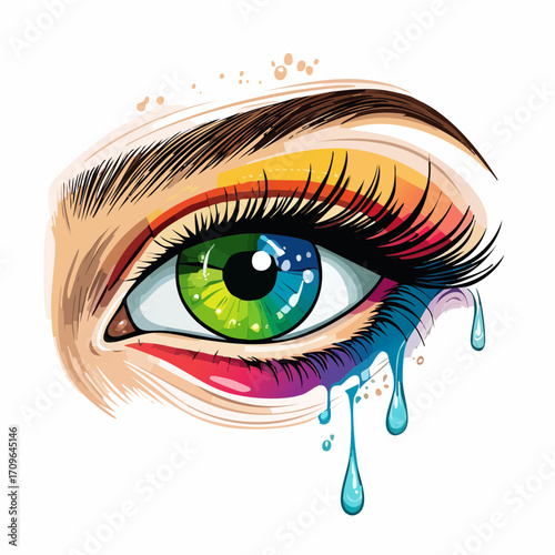 Artistic illustration of a human eye featuring a rainbow-colored iris, vivid makeup