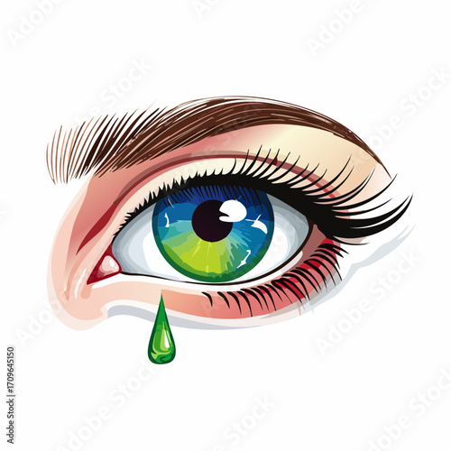 Artistic illustration of a human eye featuring a rainbow-colored iris, vivid makeup