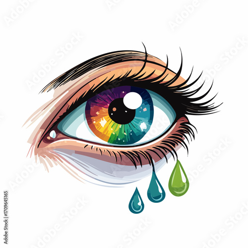 Artistic illustration of a human eye featuring a rainbow-colored iris, vivid makeup