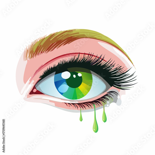 Artistic illustration of a human eye featuring a rainbow-colored iris, vivid makeup