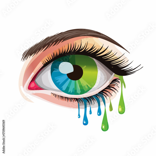Artistic illustration of a human eye featuring a rainbow-colored iris, vivid makeup