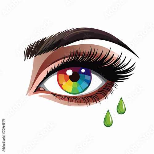 Artistic illustration of a human eye featuring a rainbow-colored iris, vivid makeup