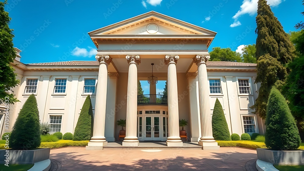 Obraz premium An elegant residence with classical columns, framed by blue skies and lush greenery.