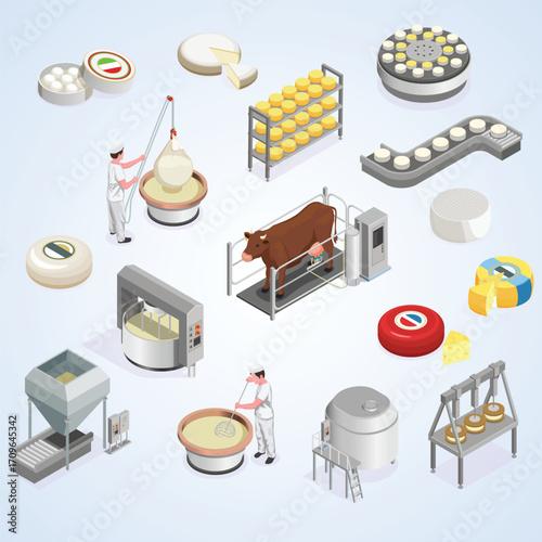 Isometric Detailed Cheese Production Process and Equipment Industry Illustration