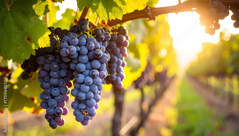Fototapeta premium Clusters of purple grapes hanging from vines at sunset