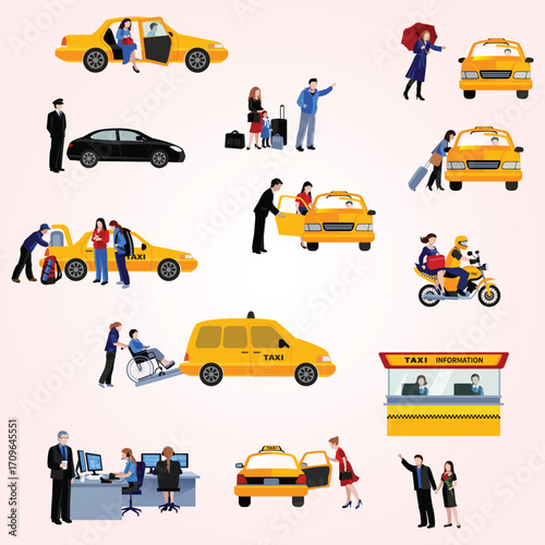 Flat Design Taxi Transportation Various Scenes with People and Vehicles Illustration