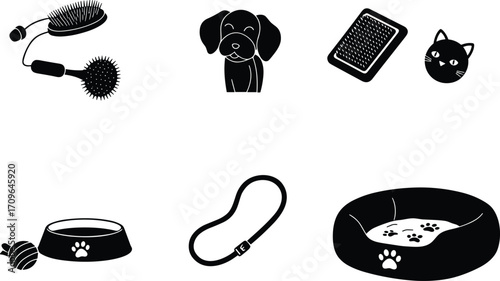 Pet care icons, dog, cat, grooming brush, food bowl, leash, collar, pet bed, animal care, silhouette, vector illustration
