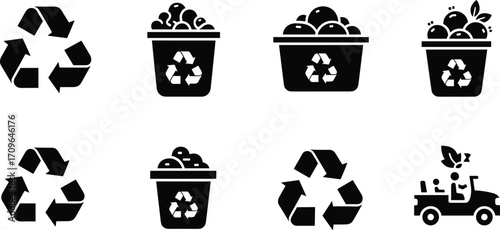 Recycling and composting icons set with bins, organic waste, leaves, collection vehicle, sustainability symbols, eco environment, green living illustration design