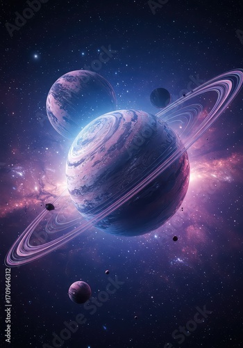 Two planets with rings in a nebula, cosmic dust and stars.