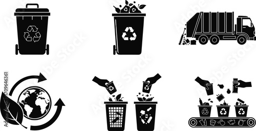 Recycling icons, waste management, garbage truck, eco bin, sustainability, waste segregation, environmental care, green planet, recycling process, eco lifestyle, vector illustration