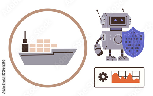 Robot holding a shield next to a cargo ship icon and analytics panel with gear and graphs. Ideal for cybersecurity, data analysis, technology, logistics, automation, AI, maritime operations