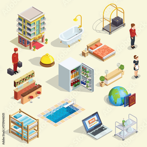 Isometric Detail Hospitality Hotel Service and Amenities Illustration in Cartoon Style