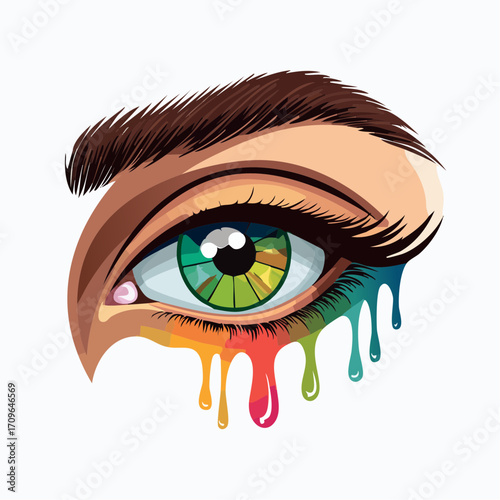 Artistic illustration of a human eye featuring a rainbow-colored iris, vivid makeup