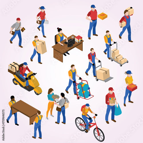 Isometric Detailed Delivery and Moving Service People Icon Set Illustration