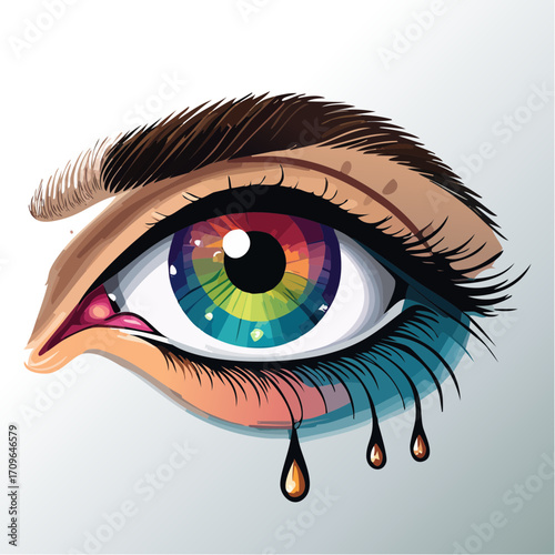 Artistic illustration of a human eye featuring a rainbow-colored iris, vivid makeup