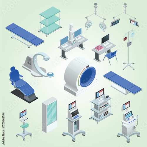 Isometric Detailed Medical Equipment and Furniture Illustration for Hospital or Clinic
