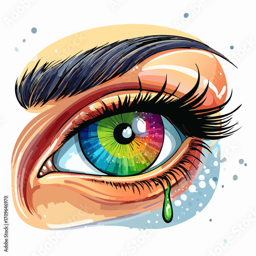 Artistic illustration of a human eye featuring a rainbow-colored iris, vivid makeup