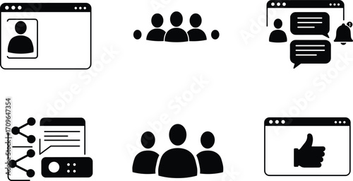 Social communication icons set with user profile, team group, chat bubbles, notifications, data flow, thumbs up, digital interaction illustration