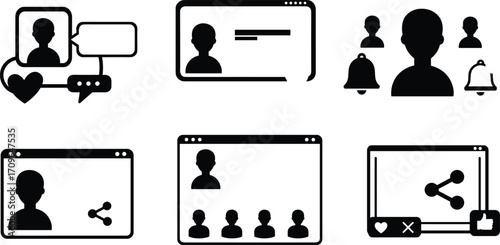 Social media icons set with profile, chat bubbles, notifications, video call, content sharing, online meeting, digital communication illustration