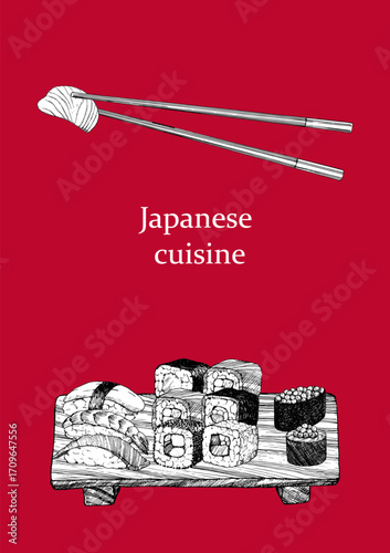Japanese Restaurant Menu. Hand-drawn illustration of dishes and products. Ink. Vector	
