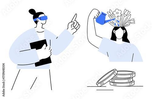 Person teaching with a book, another watering flowers growing from their head, and stacked coins. Ideal for education, creativity, brainstorming, personal growth, investment, innovation