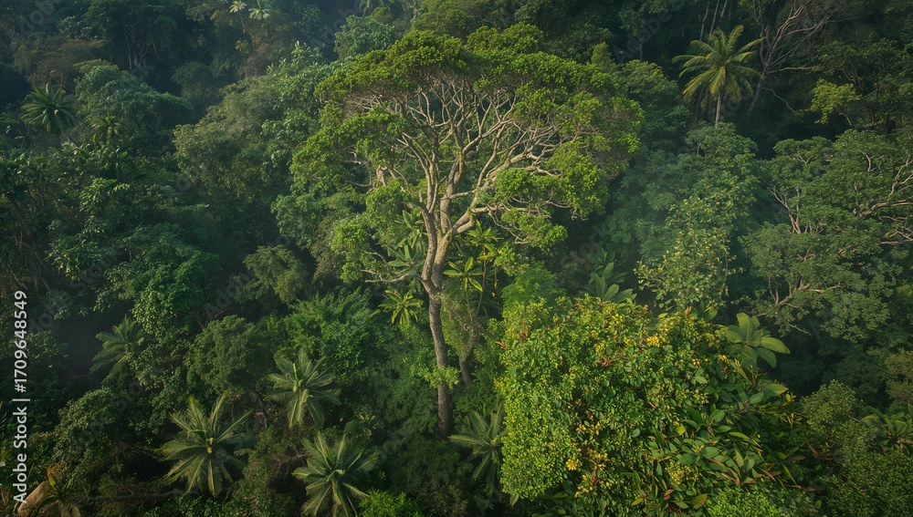 Fototapeta premium Revealing emergent tree rising above rainforest canopy in tropical forest, showcasing biodiversity