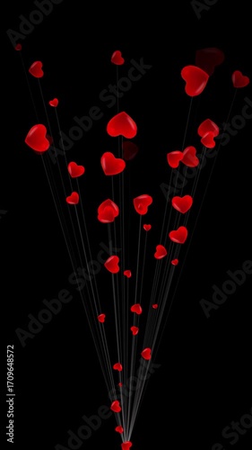 Romantic heart shapes flying with glowing trails on a green screen background, perfect for love themes, VFX, overlays, and video editing projects.