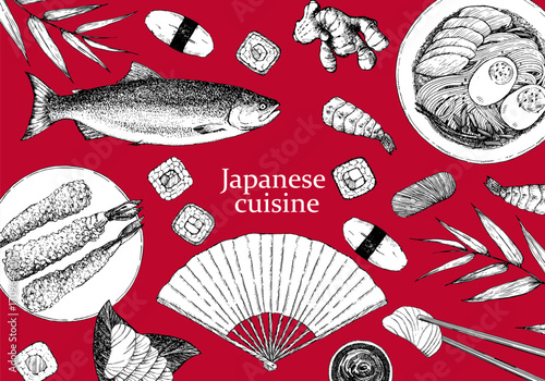 Japanese Restaurant Menu. Hand-drawn illustration of dishes and products. Ink. Vector	