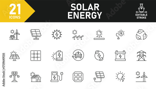 Solar energy line icon set. Set of 21 outline icons related to sun, solar panel, environment, eco, charging, eco-friendly system, environment, battery and others. Editable stroke. Vector illustration.