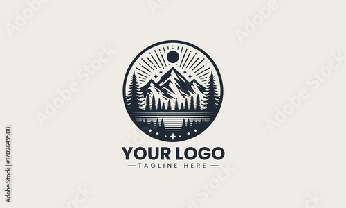 Powerful black and white vector logo of majestic mountains and pine trees, a stunning design for outdoor adventure brands