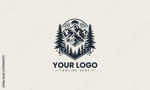 Powerful black and white vector logo of majestic mountains and pine trees, a stunning design for outdoor adventure brands