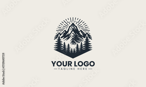Powerful black and white vector logo of majestic mountains and pine trees, a stunning design for outdoor adventure brands