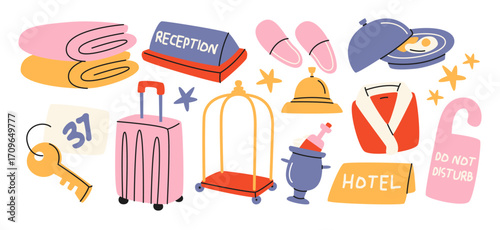 Hotel service shapes set in retro cartoon. Bell, reception sign, suitcase, breakfast tray, trolley, slippers, bathrobe. Funny doodle illustrations about hospitality, travel and vacation theme