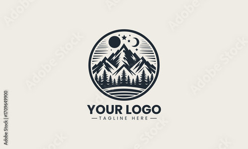 Powerful black and white vector logo of majestic mountains and pine trees, a stunning design for outdoor adventure brands