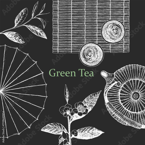 Green Tea. Japanese Restaurant Menu. Hand-drawn illustration of dishes and products. Ink. Vector	