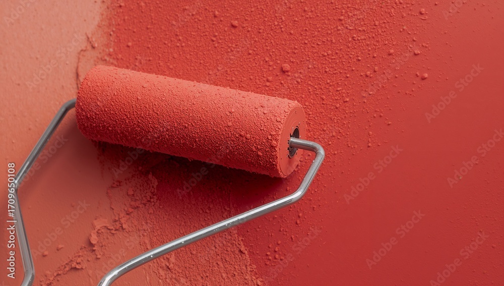 Obraz premium Pressing red foam paint roller with metal frame against interior wall creating textured paint layer