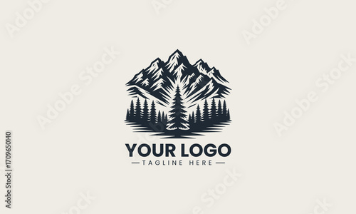 Powerful black and white vector logo of majestic mountains and pine trees, a stunning design for outdoor adventure brands